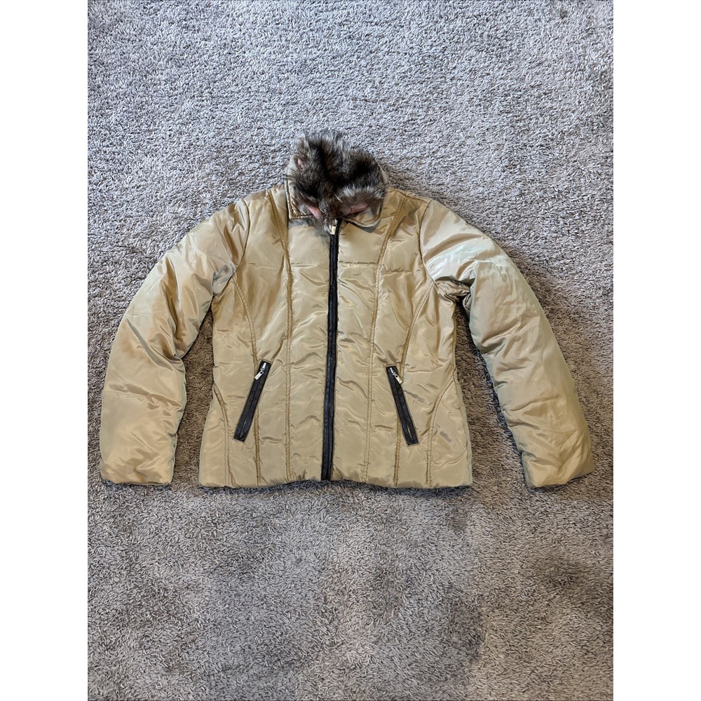 Michael Kors Beige Down Filled Puffer Jacket Womens Medium M Raccoon Fur